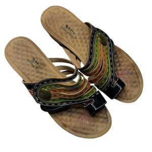 L'Artiste by Spring Step Calen Sandals Cork Wedge Heel Leather Thong Sz 41 9.5